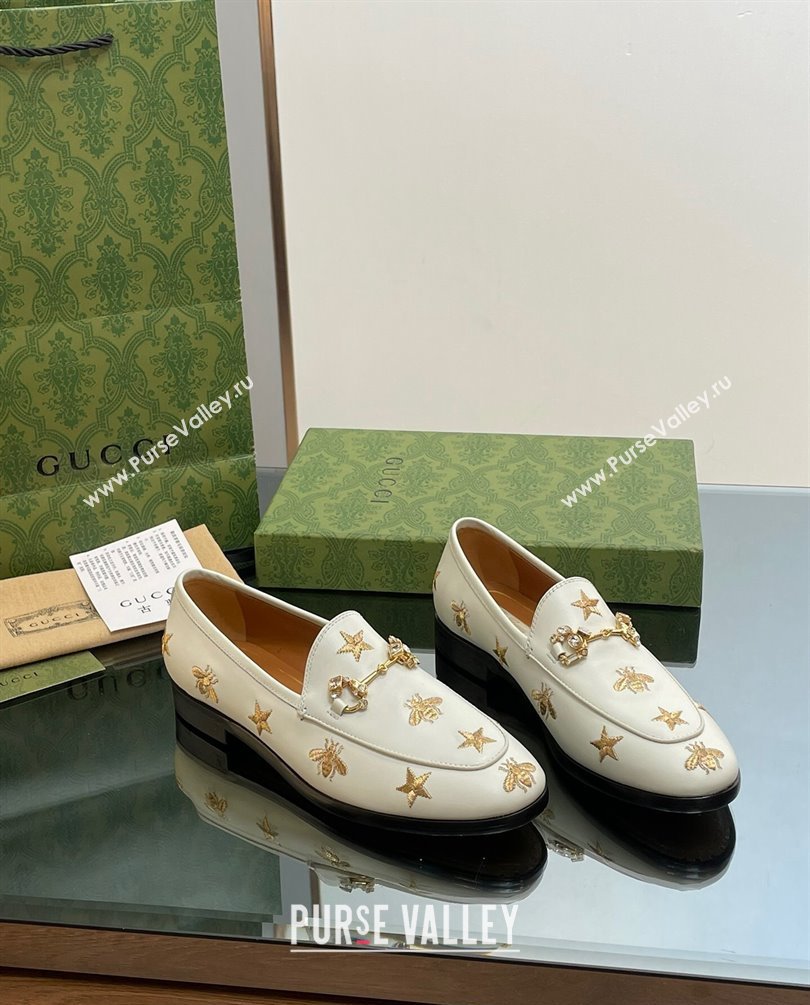 Gucci Horsebit with crystals Jordaan loafers 759918 Gold Bee and Star White 2023 (modeng-23100616)