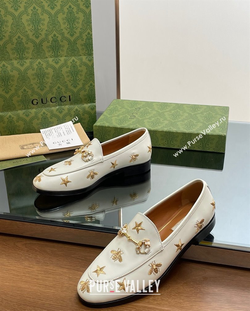 Gucci Horsebit with crystals Jordaan loafers 759918 Gold Bee and Star White 2023 (modeng-23100616)