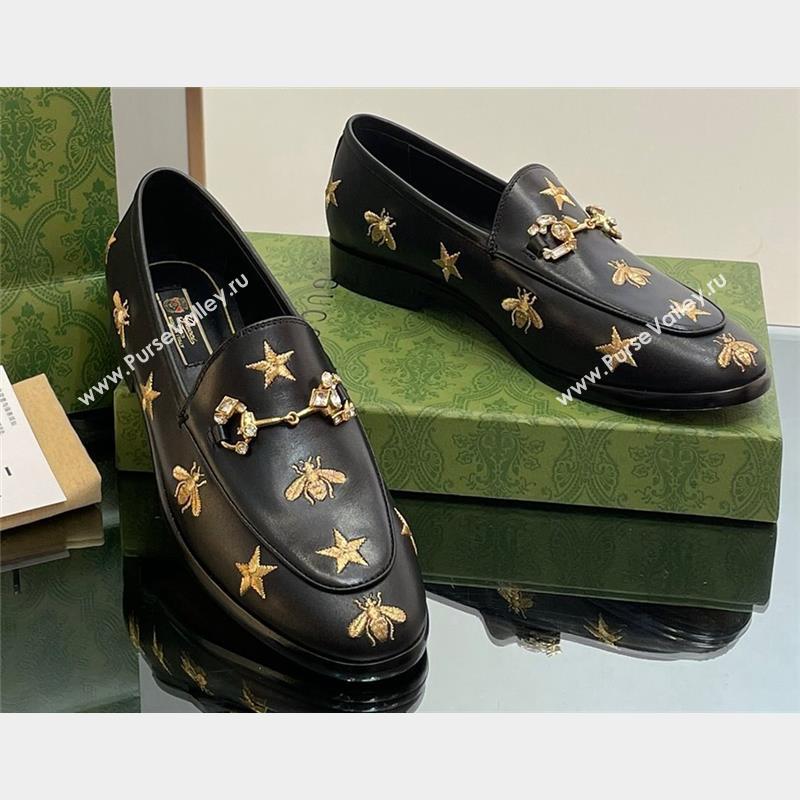 Gucci Horsebit with crystals Jordaan loafers 759918 Gold Bee and Star Black 2023 (modeng-23100615)