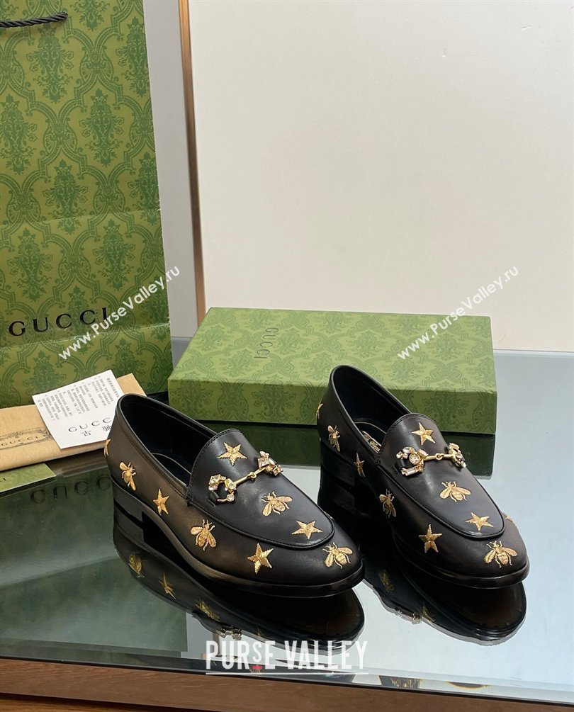 Gucci Horsebit with crystals Jordaan loafers 759918 Gold Bee and Star Black 2023 (modeng-23100615)