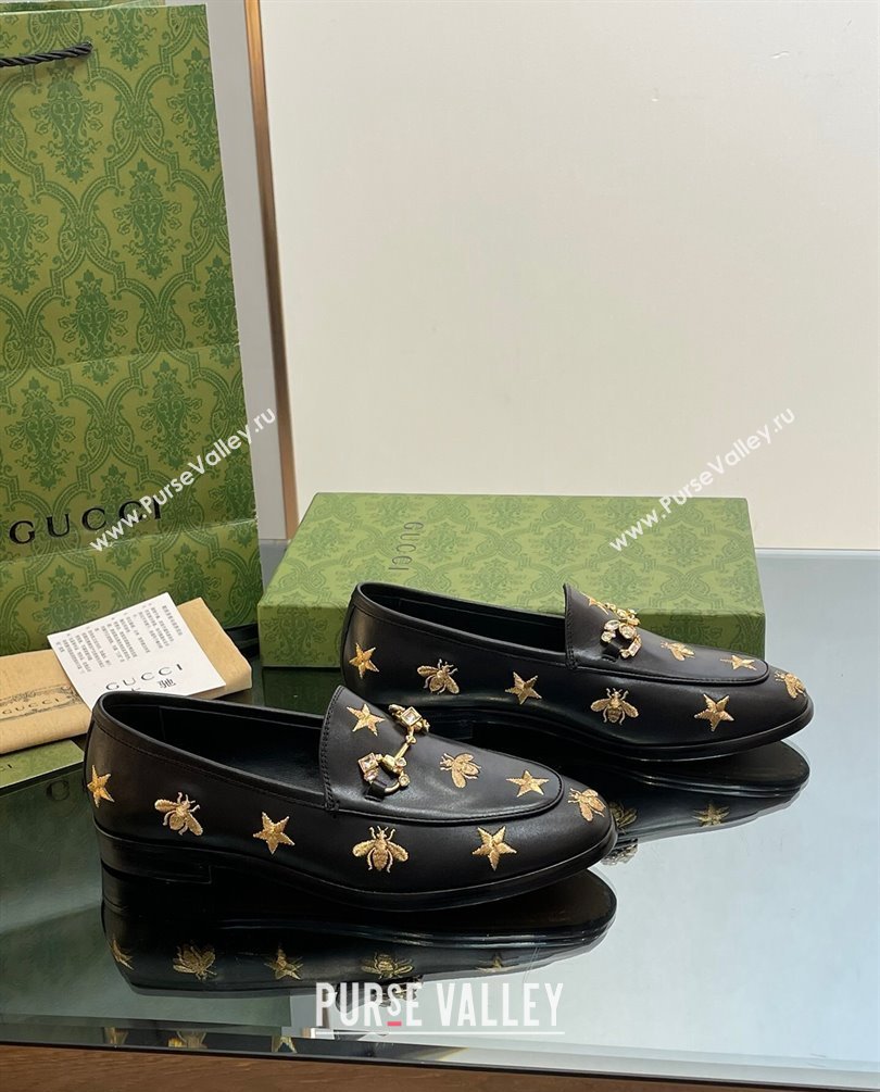 Gucci Horsebit with crystals Jordaan loafers 759918 Gold Bee and Star Black 2023 (modeng-23100615)