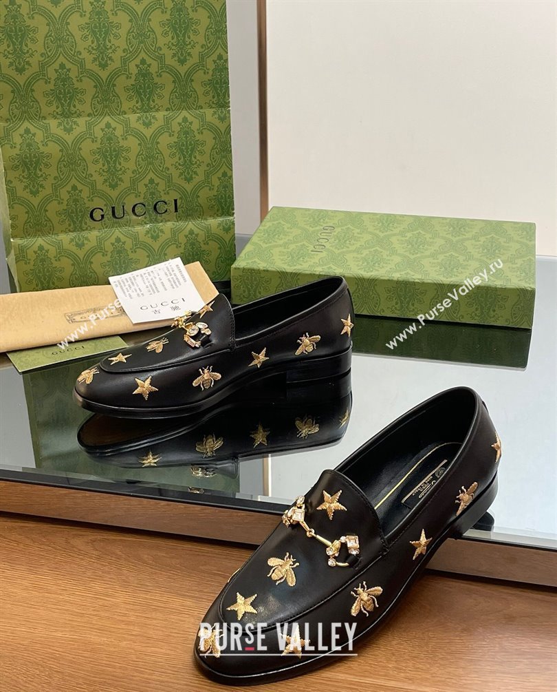 Gucci Horsebit with crystals Jordaan loafers 759918 Gold Bee and Star Black 2023 (modeng-23100615)