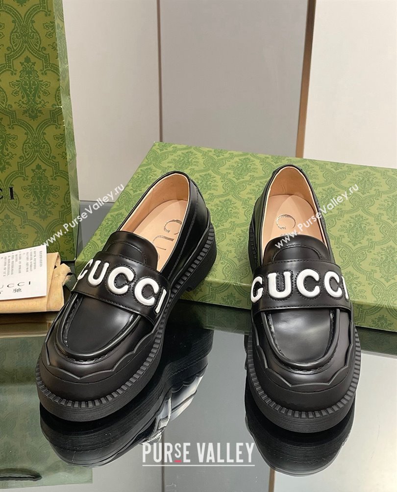 Gucci script Scalloped rubber trim Mid-heel loafers 752854 Black 2023 (modeng-23100602)