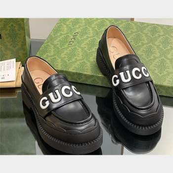 Gucci script Scalloped rubber trim Mid-heel loafers 752854 Black 2023 (modeng-23100602)
