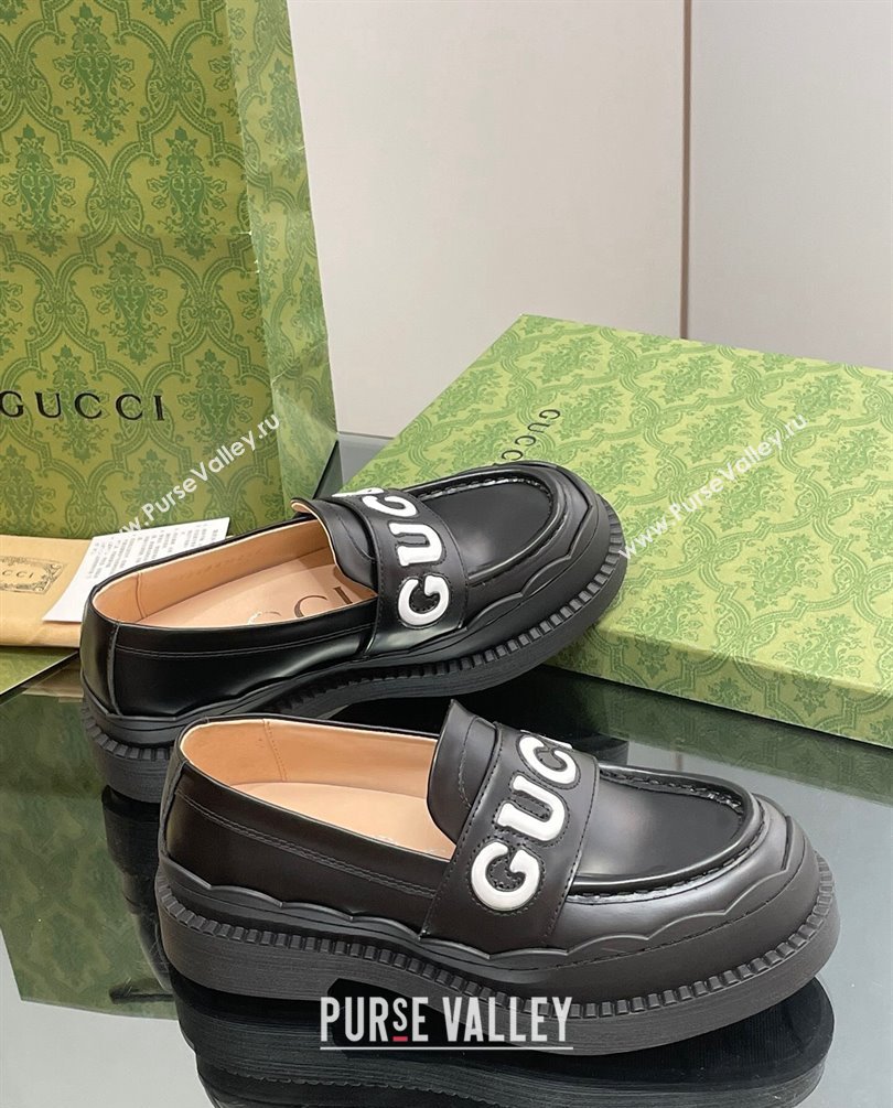 Gucci script Scalloped rubber trim Mid-heel loafers 752854 Black 2023 (modeng-23100602)
