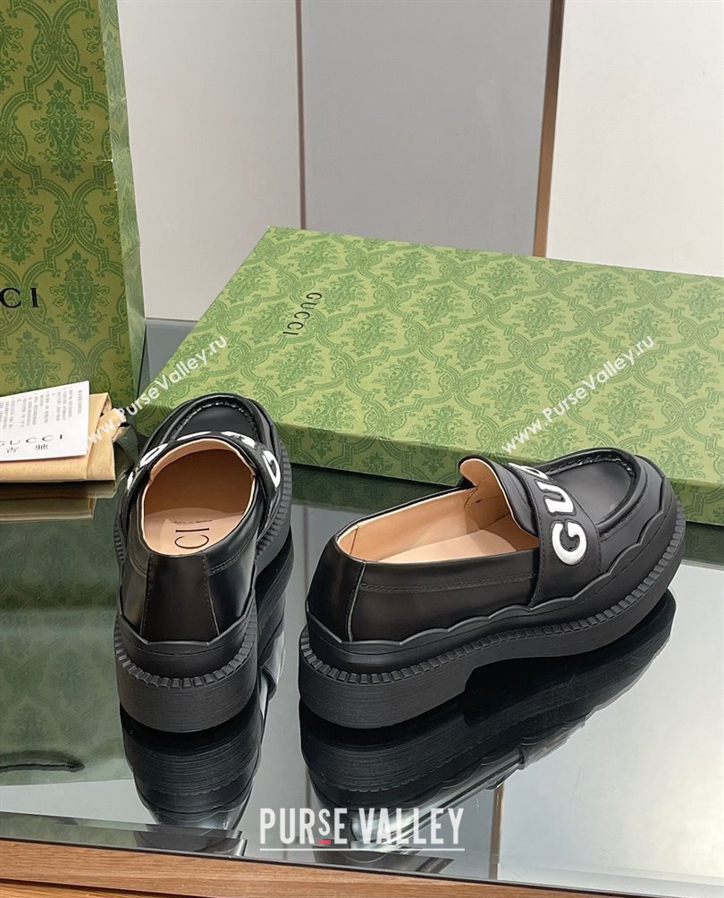 Gucci script Scalloped rubber trim Mid-heel loafers 752854 Black 2023 (modeng-23100602)