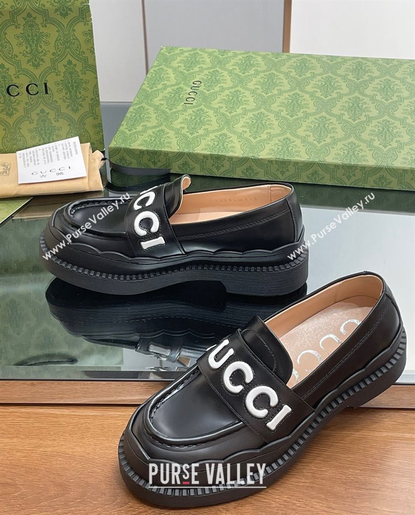 Gucci script Scalloped rubber trim Mid-heel loafers 752854 Black 2023 (modeng-23100602)