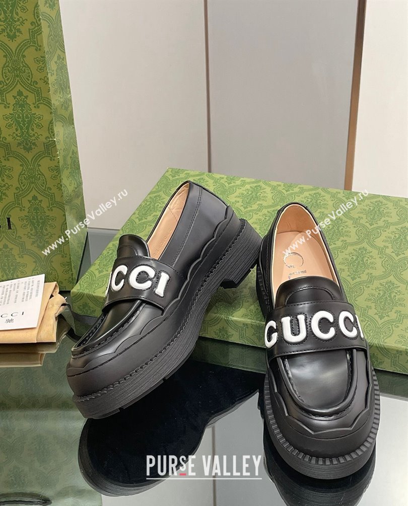 Gucci script Scalloped rubber trim Mid-heel loafers 752854 Black 2023 (modeng-23100602)