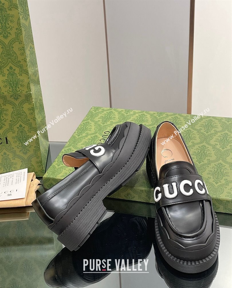 Gucci script Scalloped rubber trim Mid-heel loafers 752854 Black 2023 (modeng-23100602)