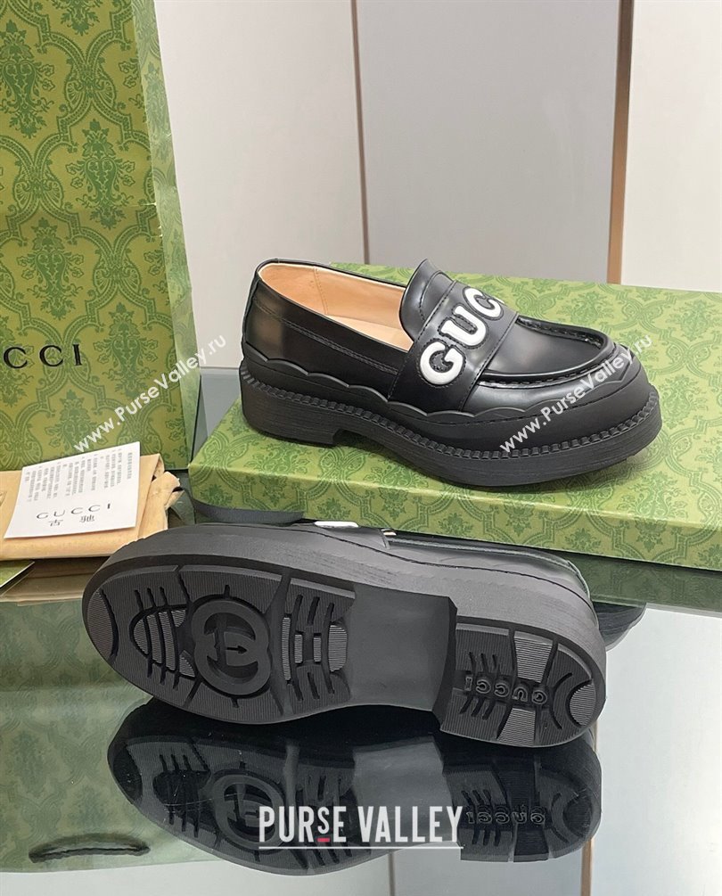 Gucci script Scalloped rubber trim Mid-heel loafers 752854 Black 2023 (modeng-23100602)
