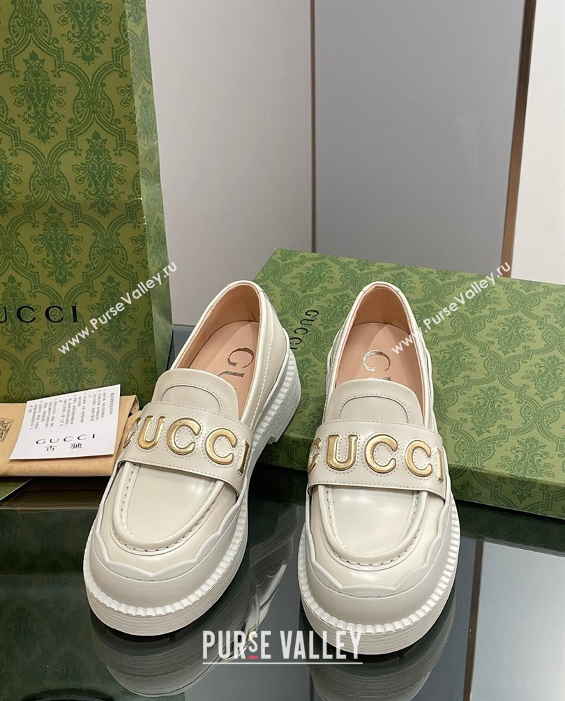 Gucci script Scalloped rubber trim Mid-heel loafers 752854 Off White 2023 (modeng-23100603)