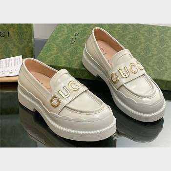 Gucci script Scalloped rubber trim Mid-heel loafers 752854 Off White 2023 (modeng-23100603)