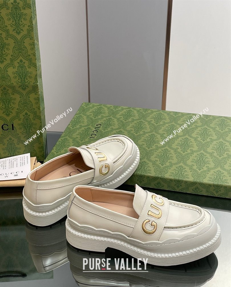 Gucci script Scalloped rubber trim Mid-heel loafers 752854 Off White 2023 (modeng-23100603)
