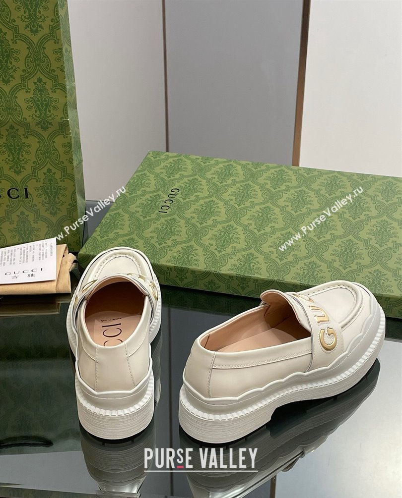 Gucci script Scalloped rubber trim Mid-heel loafers 752854 Off White 2023 (modeng-23100603)