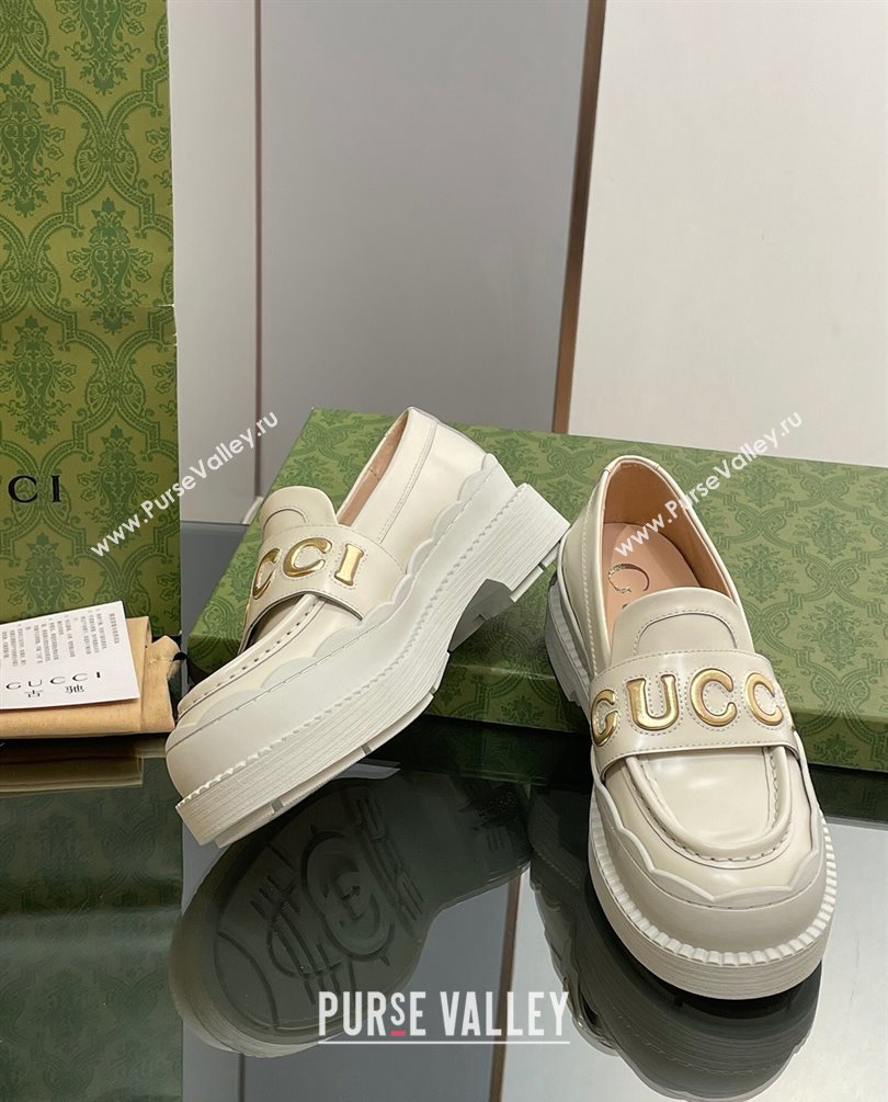 Gucci script Scalloped rubber trim Mid-heel loafers 752854 Off White 2023 (modeng-23100603)