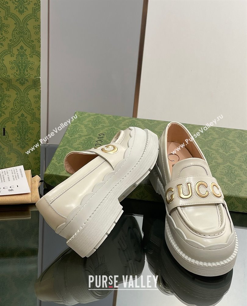 Gucci script Scalloped rubber trim Mid-heel loafers 752854 Off White 2023 (modeng-23100603)