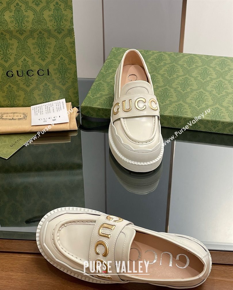 Gucci script Scalloped rubber trim Mid-heel loafers 752854 Off White 2023 (modeng-23100603)