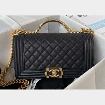Chanel Grained Shiny Calfskin BOY Flap Bag with Handle A94804 Black 2023 (jiyuan-23100701)