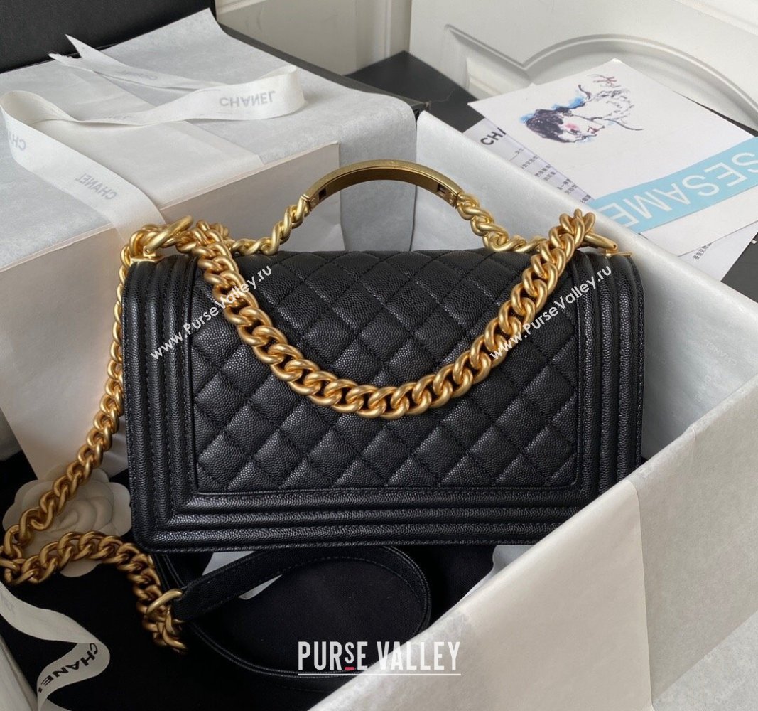 Chanel Grained Shiny Calfskin BOY Flap Bag with Handle A94804 Black 2023 (jiyuan-23100701)