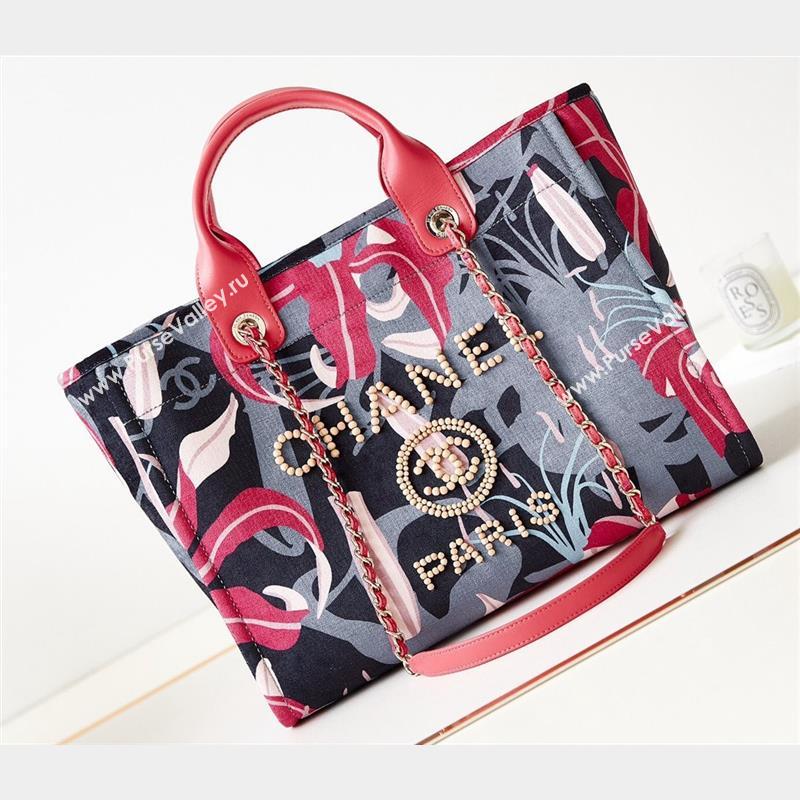 Chanel Deauville Printed Velvet and Wooden Pearls Small Shopping Bag AS3257 Red 2023 (jiyuan-23101022)