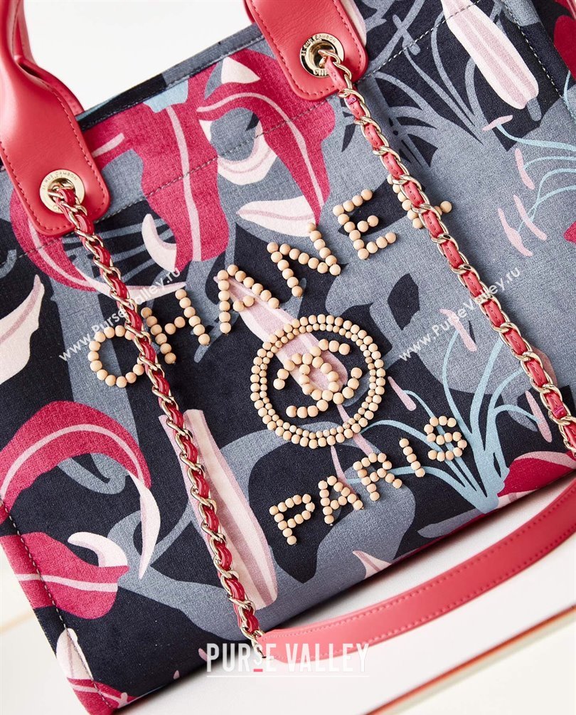 Chanel Deauville Printed Velvet and Wooden Pearls Small Shopping Bag AS3257 Red 2023 (jiyuan-23101022)
