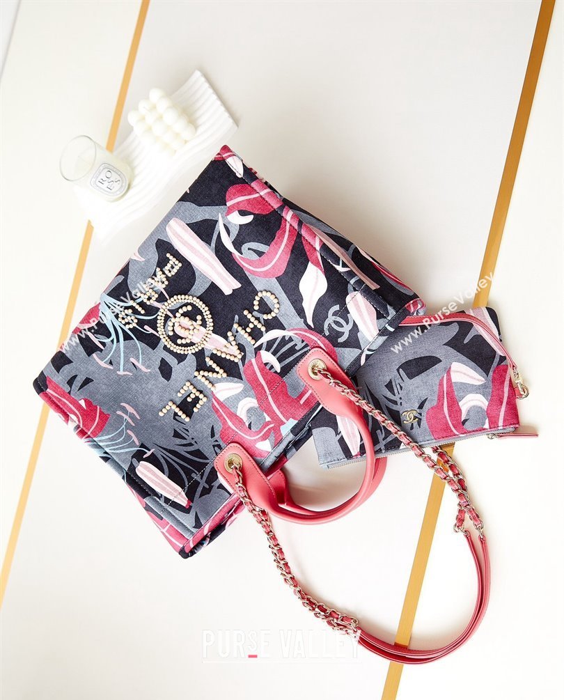 Chanel Deauville Printed Velvet and Wooden Pearls Small Shopping Bag AS3257 Red 2023 (jiyuan-23101022)