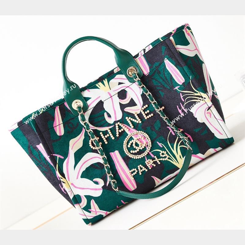 Chanel Deauville Printed Velvet and Wooden Pearls Large Shopping Bag A66941 Green 2023 (jiyuan-23101024)