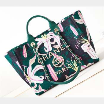 Chanel Deauville Printed Velvet and Wooden Pearls Large Shopping Bag A66941 Green 2023 (jiyuan-23101024)