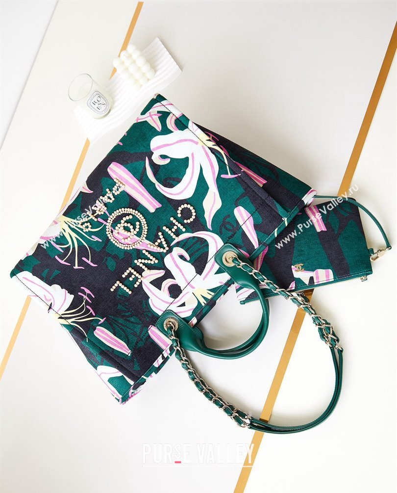 Chanel Deauville Printed Velvet and Wooden Pearls Large Shopping Bag A66941 Green 2023 (jiyuan-23101024)