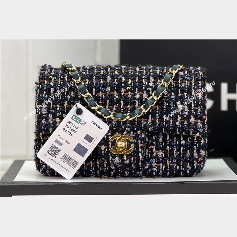 Chanel Wool Tweed Small Classic Handbag A01116 Navy Blue/Green 2023 (jiyuan-23100915)