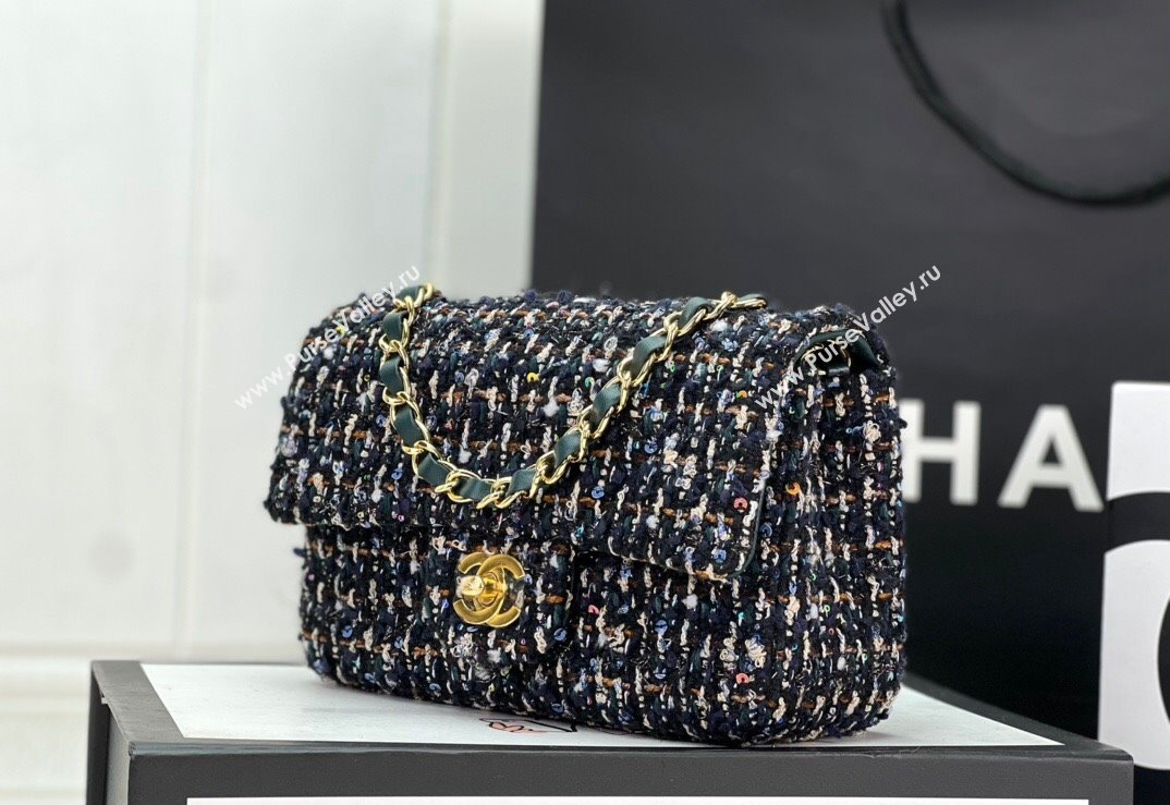 Chanel Wool Tweed Small Classic Handbag A01116 Navy Blue/Green 2023 (jiyuan-23100915)