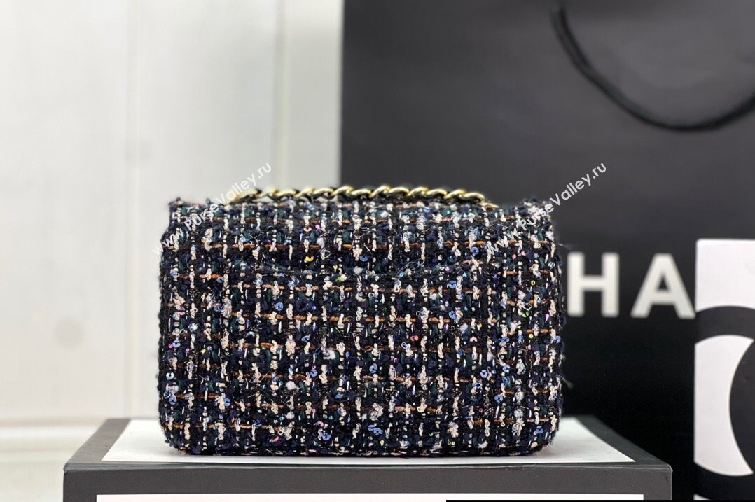 Chanel Wool Tweed Small Classic Handbag A01116 Navy Blue/Green 2023 (jiyuan-23100915)