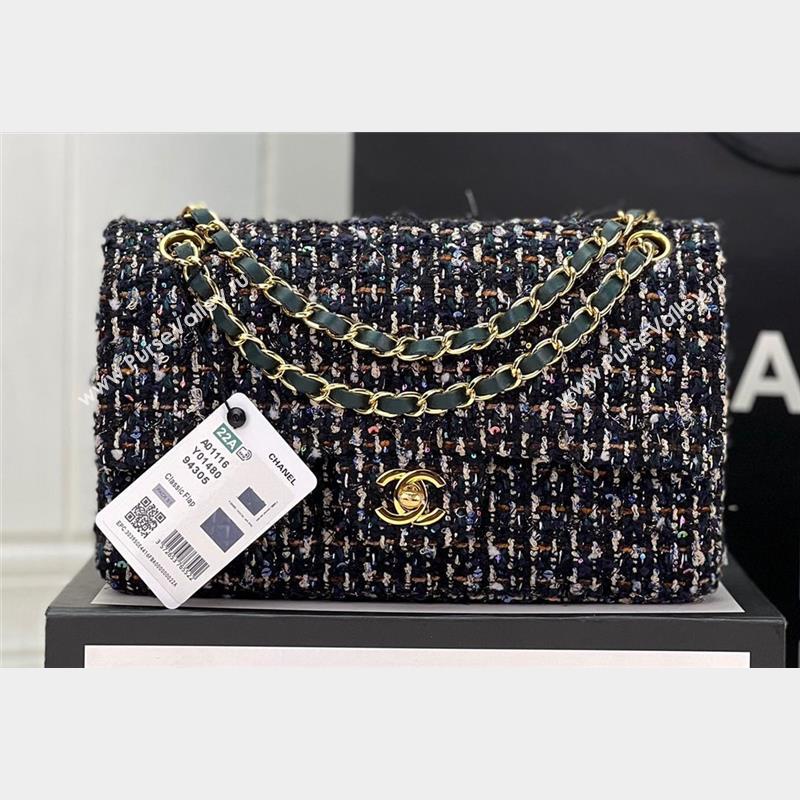 Chanel Wool Tweed Medium Classic Handbag A01112 Navy Blue/Green 2023 (jiyuan-23100905)
