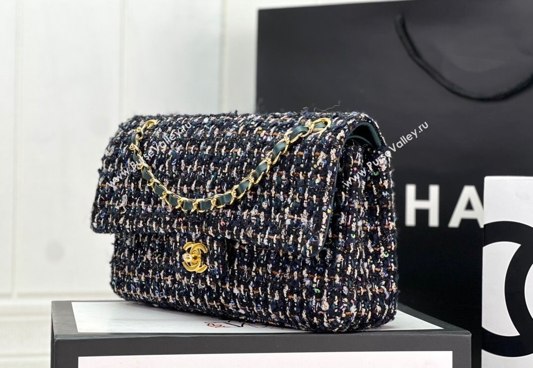 Chanel Wool Tweed Medium Classic Handbag A01112 Navy Blue/Green 2023 (jiyuan-23100905)