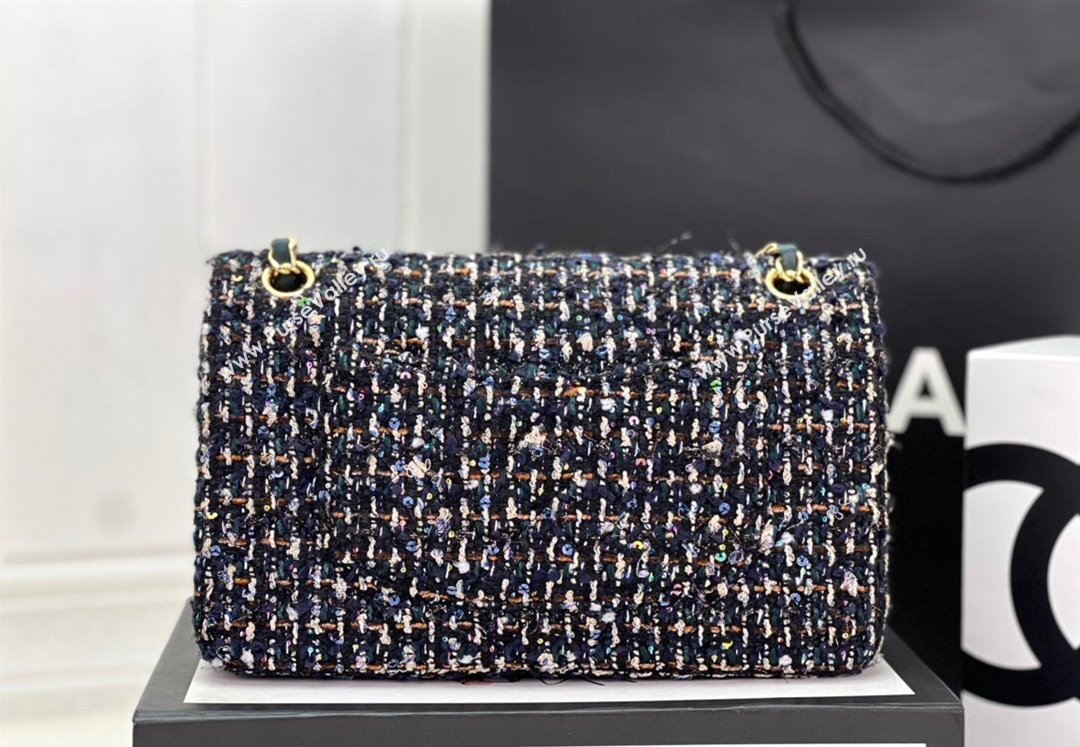 Chanel Wool Tweed Medium Classic Handbag A01112 Navy Blue/Green 2023 (jiyuan-23100905)
