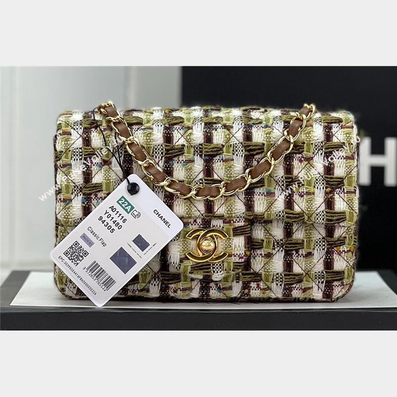 Chanel Wool Tweed Small Classic Handbag A01116 Green/Brown 2023 (jiyuan-23100918)