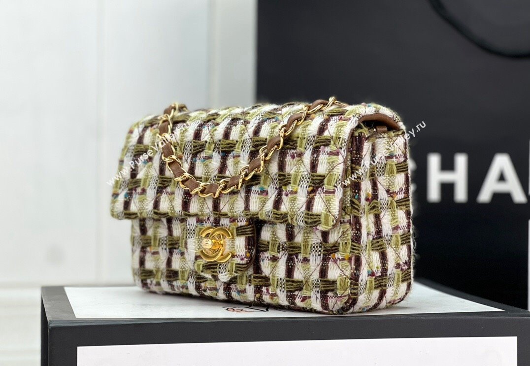 Chanel Wool Tweed Small Classic Handbag A01116 Green/Brown 2023 (jiyuan-23100918)