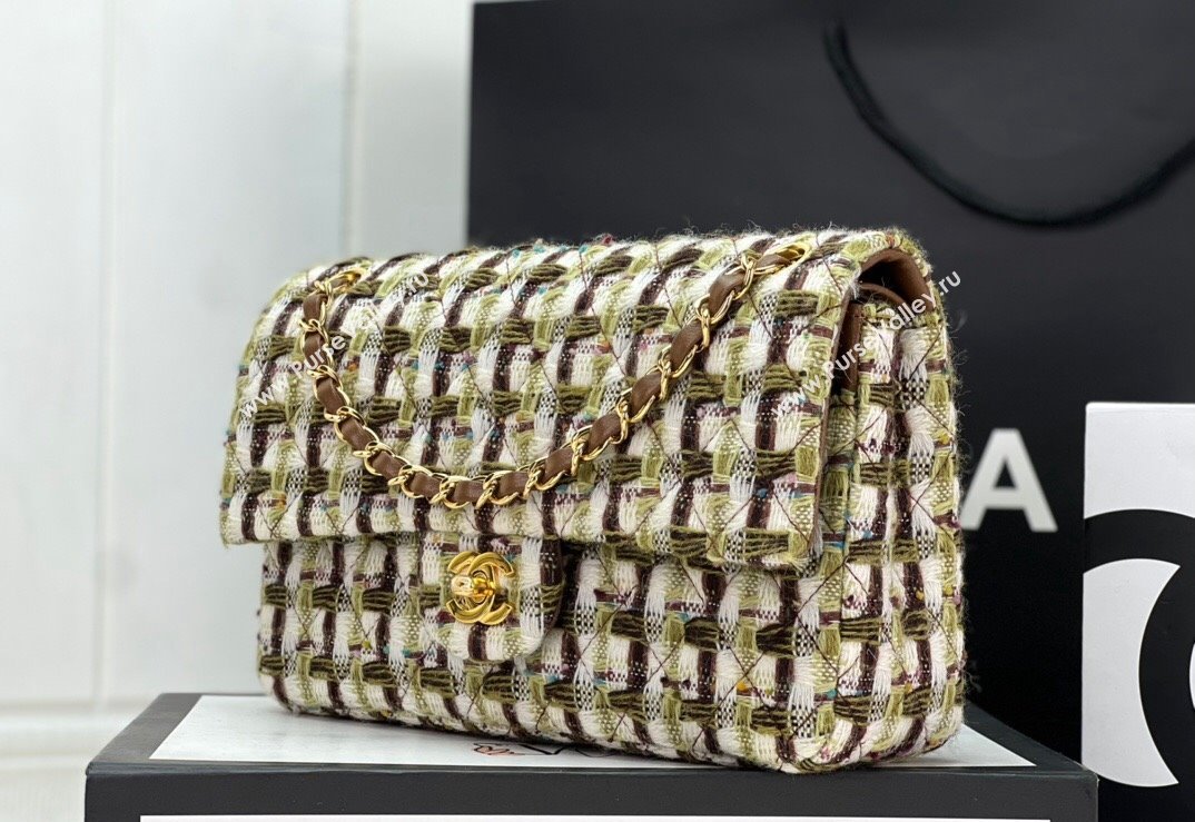 Chanel Wool Tweed Medium Classic Handbag A01112 Green/Brown 2023 (jiyuan-23100908)