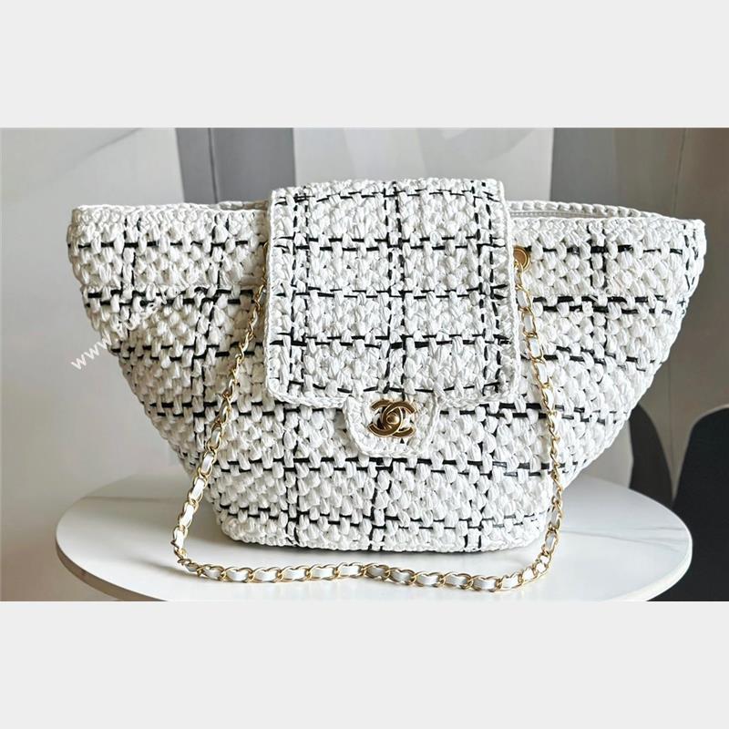 Chanel Shopping Bag in Raffia Effect Braided Tweed AS3786 White 2023 (jiyuan-23101027)