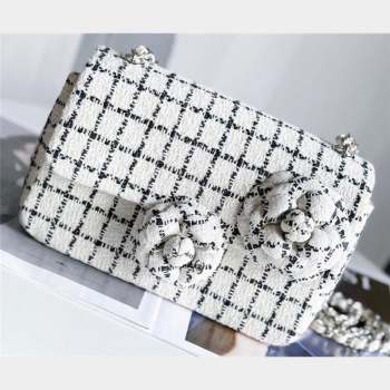 Chanel Wool Tweed and Camellia Small Classic Handbag White 2023 (jiyuan-23100940)