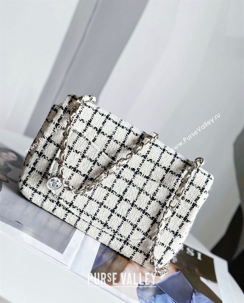 Chanel Wool Tweed and Camellia Small Classic Handbag White 2023 (jiyuan-23100940)