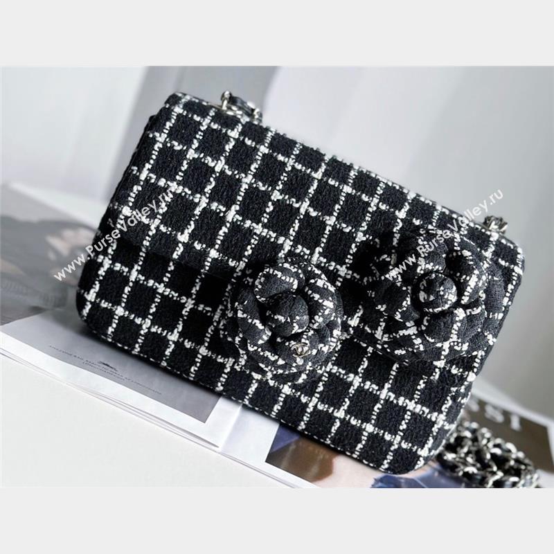 Chanel Wool Tweed and Camellia Small Classic Handbag Black 2023 (jiyuan-23100939)