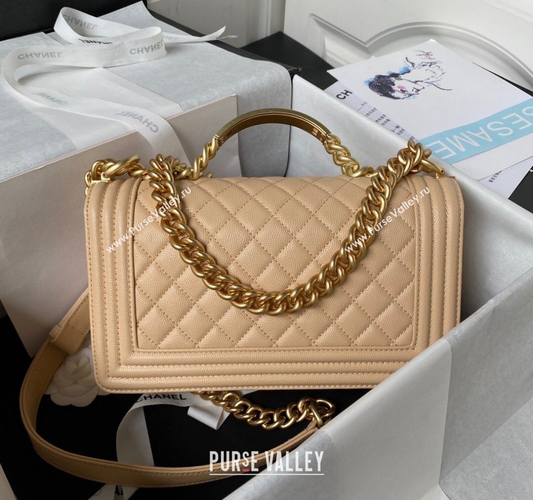 Chanel Grained Shiny Calfskin BOY Flap Bag with Handle A94804 Beige 2023 (jiyuan-23100704)