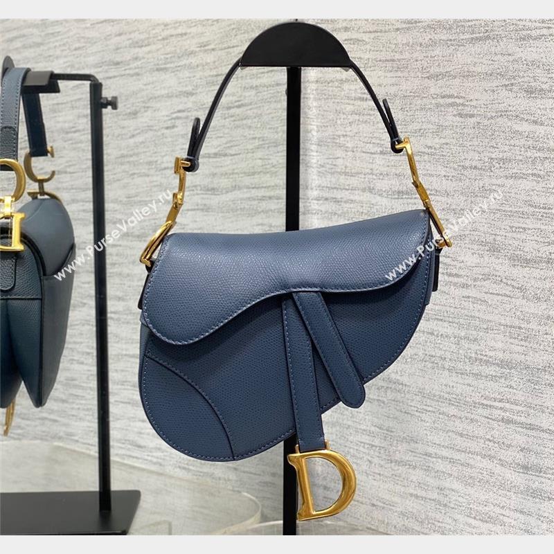 Dior Mini Saddle Bag with Strap in Grained Calfskin Blue 2023 (bonika-23100733)