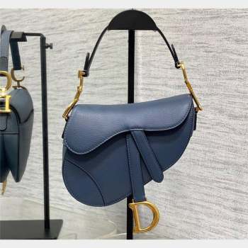 Dior Mini Saddle Bag with Strap in Grained Calfskin Blue 2023 (bonika-23100733)
