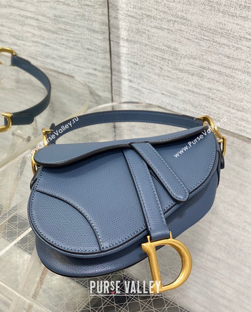 Dior Mini Saddle Bag with Strap in Grained Calfskin Blue 2023 (bonika-23100733)