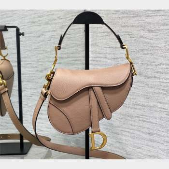 Dior Mini Saddle Bag with Strap in Grained Calfskin Nude Pink 2023 (bonika-23100731)