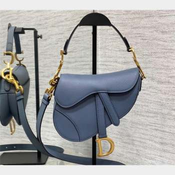 Dior Mini Saddle Bag with Strap in Grained Calfskin Denim Blue 2023 (bonika-23100734)