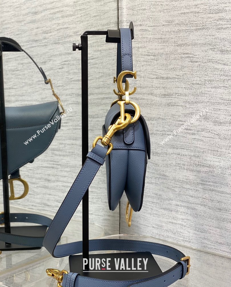 Dior Mini Saddle Bag with Strap in Grained Calfskin Denim Blue 2023 (bonika-23100734)