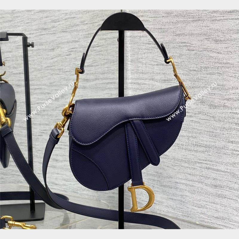Dior Mini Saddle Bag with Strap in Grained Calfskin Navy Blue 2023 (bonika-23100726)